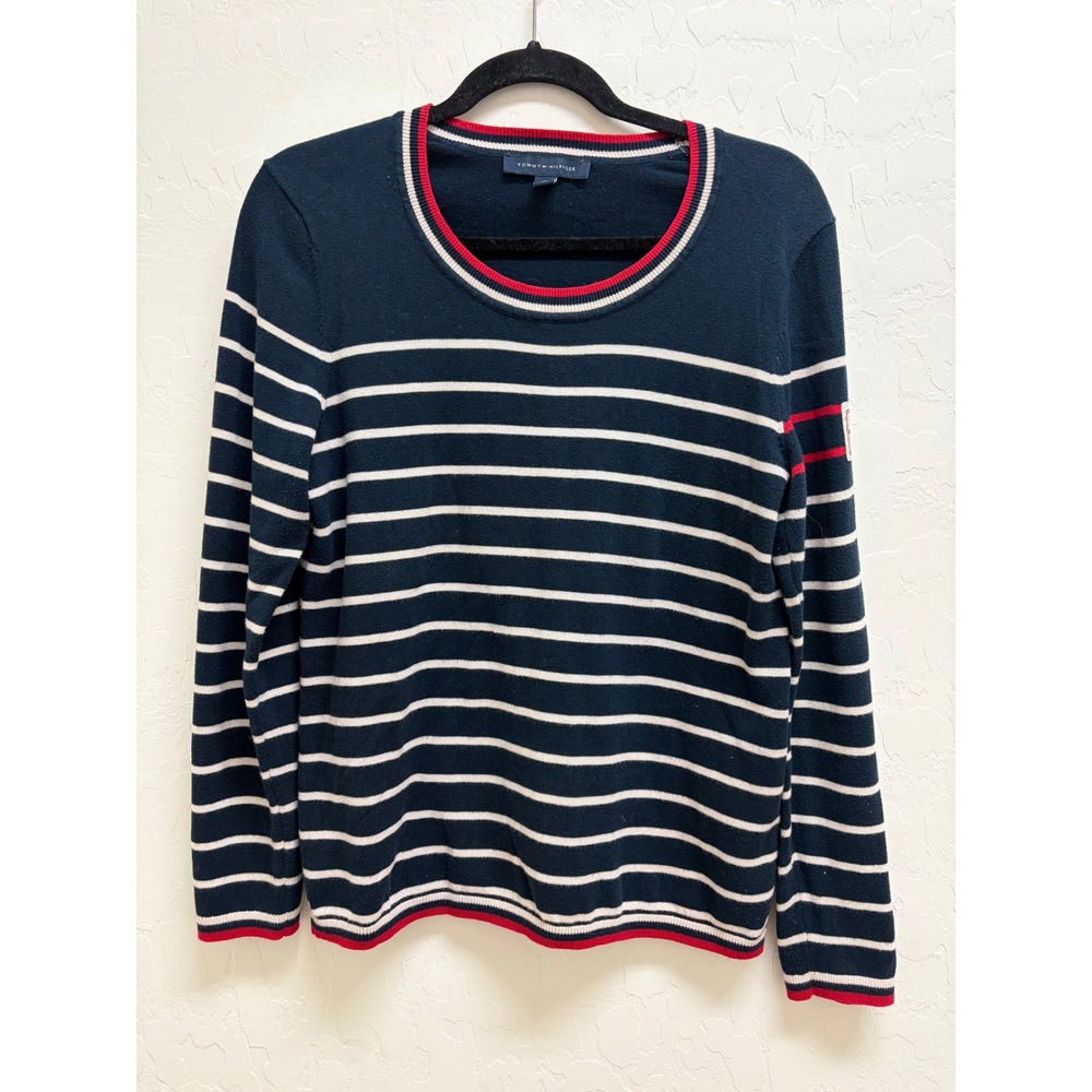 Tommy Hilfiger Womens Navy Blue Striped Cotton Knit Sweater Size M Nautical